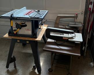 10” Industrial Table Saw, Vintage Dremel Moto-Saw, Powr-Kraft saw on table with wheels