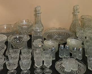 Very Large Collection of Anchor Hocking “Wexford” Crystal Glass, Goblets, Drinking Glasses, Centerpiece, Candy Dishes, Compotes, Decanters