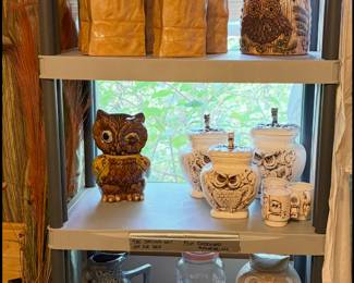 Vintage Grocery Sack Ceramic Canister Set • Lefton & McCoy Owl Cookie Jars • Owl Canister Set • Clocks, Enamel Tea Pot, Bread Box, Bread Slicer, etc.
