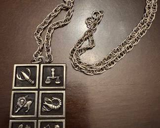 Zodiac Astrological Signs Pendant 2 Sided Carved Inlaid MCM Pewter Vintage 1960s