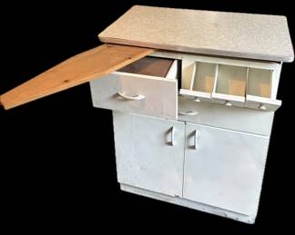 Vintage Mid Century Metal Kitchen Cabinet w/ Ironing Board & Formica Top
