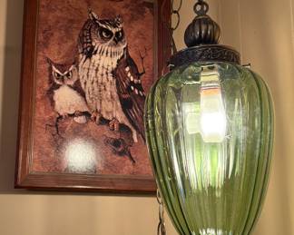 VTG MID CENTURY MODERN MOD 1960’s/1970’s GREEN OPTIC ART GLASS HANGING SWAG LAMP LIGHT