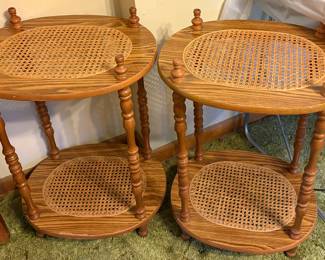 VTG MCM Caned Wicker Panel 2 double tier side end table oval plant stand / stands