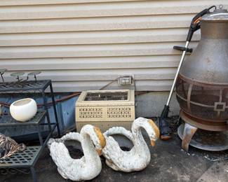 Pair of Vintage Heavy Concrete Garden Swans, Pet Carrier, Weed Wacker / Trimmer, Chiminea 