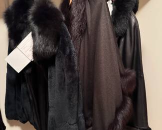 An OUTSTANDING fur coat collection, the best I've seen yet! Women's, mostly 2X, 1 3X and 1 XXL, coats range from long to short to a fox trim shawl. Purchased from all over the country, a collection of 7 coats total, with fur from around the world. All in mint condition
Sheared Nutria fur coat, black Paid $1000
Morocco/Finland leather 3/4 coat with black fox trim
Fur lined shawl, cashmere and wool, just beautiful