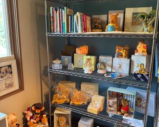 Winnie the Pooh collectibles, linens, snowglobes, plushies, books you name it. Ranges from 90s-Current, mostly current.
Many collectibles have original boxes
Nightlights
Lamps
Books
Beautiful bookends with boxes
Eye-catching collector's plates
Royal Doulton
AND MORE!!
Shelving not for sale