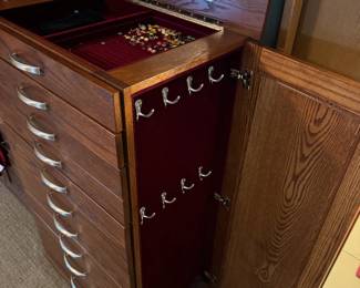 Also from Das Holz Haus in Tuscola, is a stunning custom jewelry armoire made from solid wood, built to last forever. Clients paid $4300 and it looks it! Must-see chest is 52" tall x 32" wide (with hardware on side) x 19" deep, see following pictures