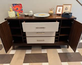 Beautiful dark credenza with ivory linen component/cabinet and door face, purchased from Carter's Furniture