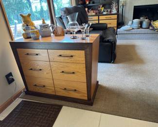 From Das Holz Haus in Tuscola, here is the second custom and Amish-made contemporary cabinet. Both are stunning. This cabinet is double-facing, but the functionality of the top two drawers can be switched if desired. Furniture could not be of better quality and more solid than Amish. Chest is 39" wide x 16" deep x 29" tall. Homeowners paid $1800 for this chest