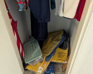 Many sets of Scuba fins never taken out of package. Swimming goggles $2 and hair caps never used. Umbrellas $2.