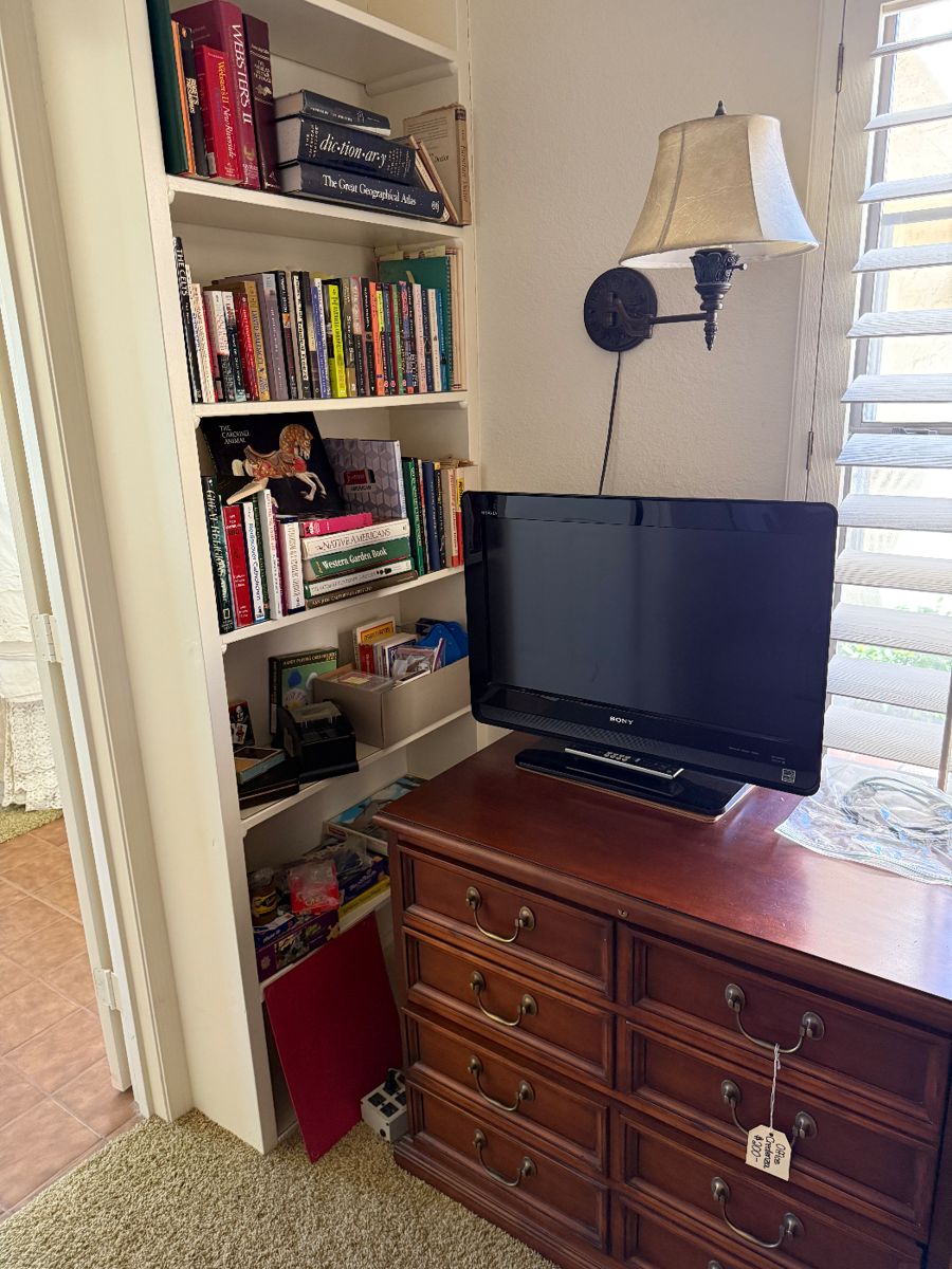 Sligh Office Filing Credenza. Sony TV, Books, Games, Decks of Cards and Wall lamp