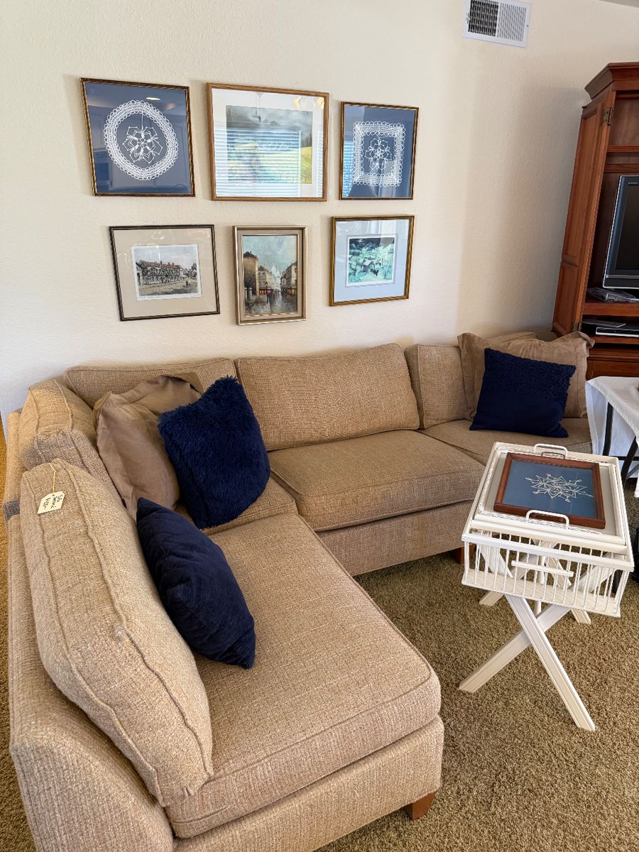 Ethan Allen Sectional and Cute Breakfast Tray set.  Framed Art