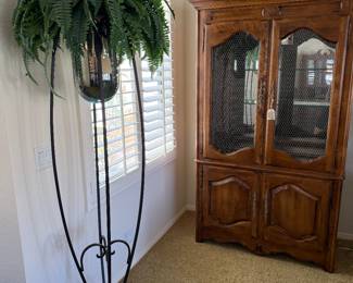 Tall Wrought Iron Planter and Ethan Allen French Country Bar Unit