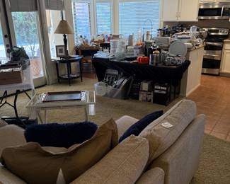 Kitchenware including Corningware, Pyrex, La Crueset, Calphelon. Ethan Allen Side Table.