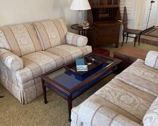 Secretary Desk. Custom Glass Display Coffee Table, Ethan Allen Loveseats. Crystal Lamps