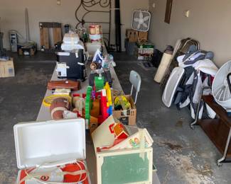 toys, baby equipment, assorted kitchen items, iron bed frame, Electrolux vacuum cleaner, luggage