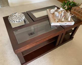 beveled glass/mahogany coffee tables, decorative items