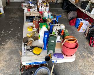 power vac, assorted garden tools/materials, painting tools, electrical parts