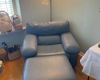 leather club chair w ottoman, lampstand, baskets