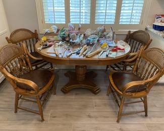 Oak kitchen table w leaf, four wood chairs, kitchen items