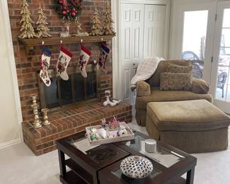 Club chair w ottoman, coffee table, Christmas stockings & decorations