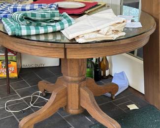 Oak pedestal table/ leaves for expansion - custom cut glass top - refinished