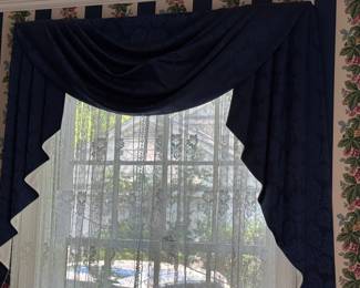 Custom valances - 2 single, 1 triple - navy damask - Excellent condition - priced to sell