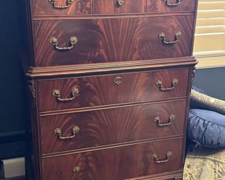 Beautiful mahogany burl - part of 6 piece bedroom suite - bed converted to Queen. Almost new mattress and box spring available