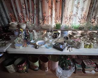 Vintage vases, glassware and old trash cans
