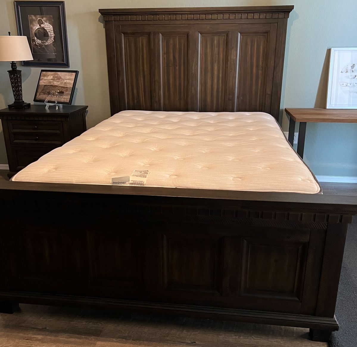 Steele Queen Bedroom Set: Paneled Bed Frame, Nightstand, Highboy Dresser, Table Lamp, Art