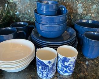 Williamsburg Mugs Andrea by Sadek, Mainstays Blue Stoneware, Corelle Bowls