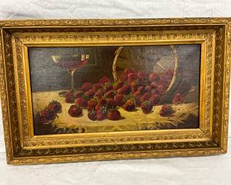 Still Life Oil on Canvas Attributed to AF King, Strawberries in Basket, 17 x 9 Inches