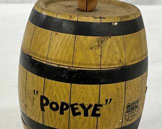 Tin Lithographed ‘Popeye’ Barrel Toy, 3 1/2 x 7 Inches