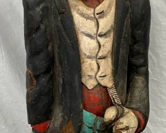 47in Hand-Carved Wooden Figure of a Sad Clown in Tattered Clothing