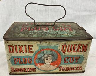 Dixie Queen Plug Cut Smoking Tobacco Tin with Lid and Handle, 8” x 4”