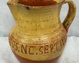 Hand-Painted Stoneware Pitcher with Inscription, Measuring 5” x 7”
