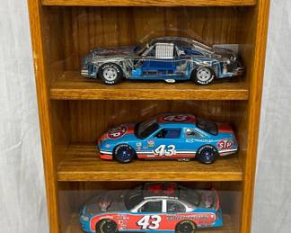 Five Die-Cast Race Cars in Oak Display Case, 11 x 24 Inches
