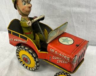 Tin Lithographed Wind-Up Toy Jeep, G.I. Joe by Unique Art, 7 x 7 Inches