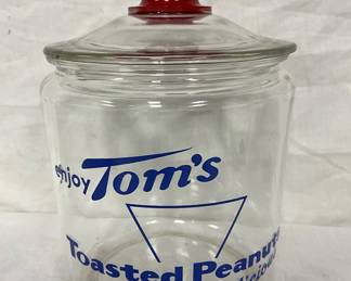 Tom’s Toasted Peanuts Glass Jar with Red Lid, 7 x 10 1/2 Inches