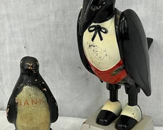 Painted Penguin Bank and Old Crow Figurine Pair