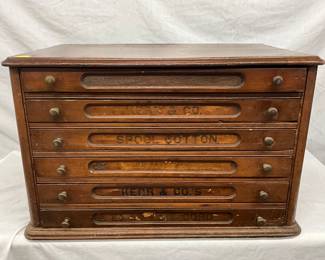 Wooden Spool Cabinet with Five Drawers and Brass Hardware