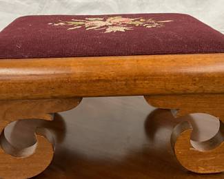 Wooden Footstool with Needlepoint Upholstered Top and Scroll Legs