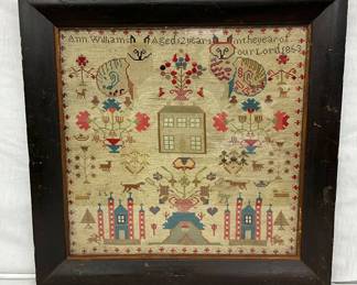 1853 Ann Williams Sampler in Wood Frame, 23 x 22 1/2 Inches