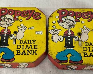 Two Popeye Daily Dime Banks, Tin, 2 1/2-Inch Square
