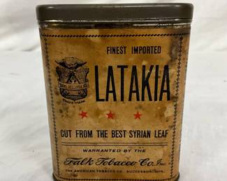 Early Latakia Cigarette Tin Can by Falk Tobacco Co., 3 1/2 x 4 1/2 Inches