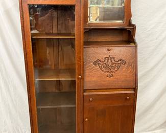 Side-By-Side Oak Secretary with Glass Door and Mirrored Hutch