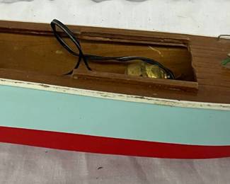 12″ x 3 1/2″ Wooden Model Boat with Red and Blue Paint