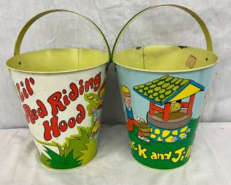 Vintage Lithographed Tin Buckets Featuring Nursery Rhyme Themes