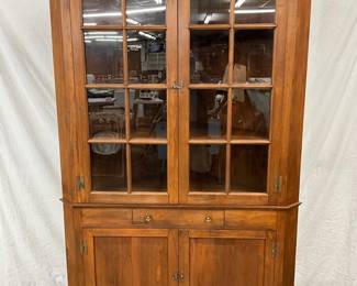 Walnut Corner Cabinet with 16 Pane Glass Doors and Drawer, 48 x 81 Inches