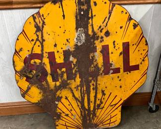 48-Inch Porcelain Shell Gasoline Sign with Rusted Patina